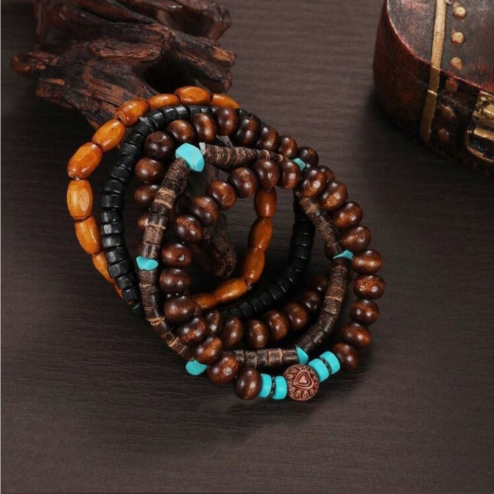 ✨ Vintage Coconut Shell & Natural Stone Stacking Bracelet Set – 5 Pieces ✨